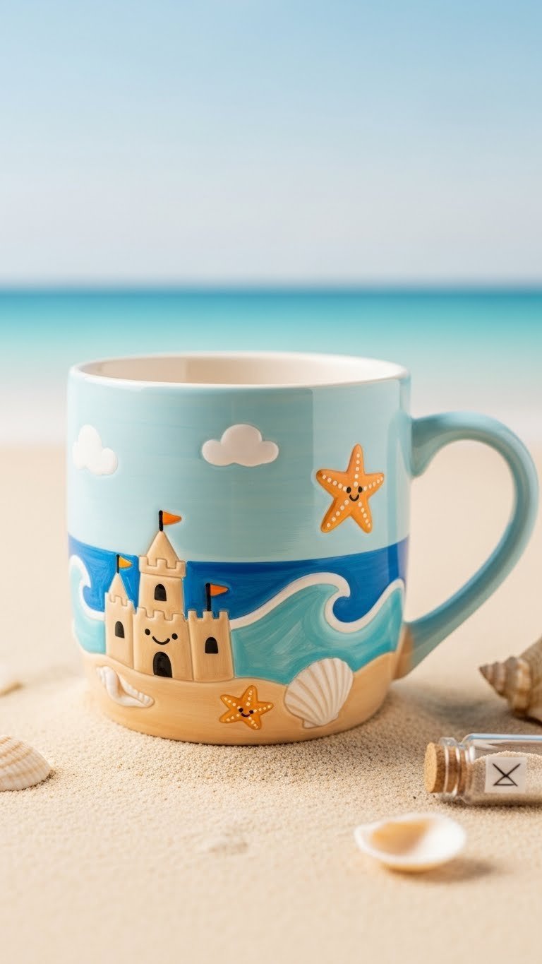 Painted beach-themed mug with sandcastles, seashells, and waves design on sandy surface background