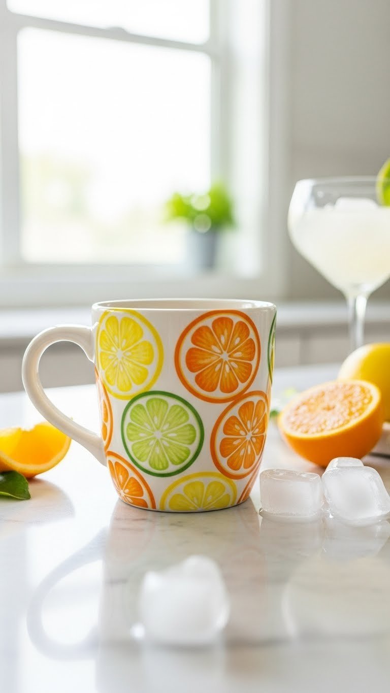 Painted ceramic mug with bright citrus slice designs of lemon, lime, and orange on marble countertop