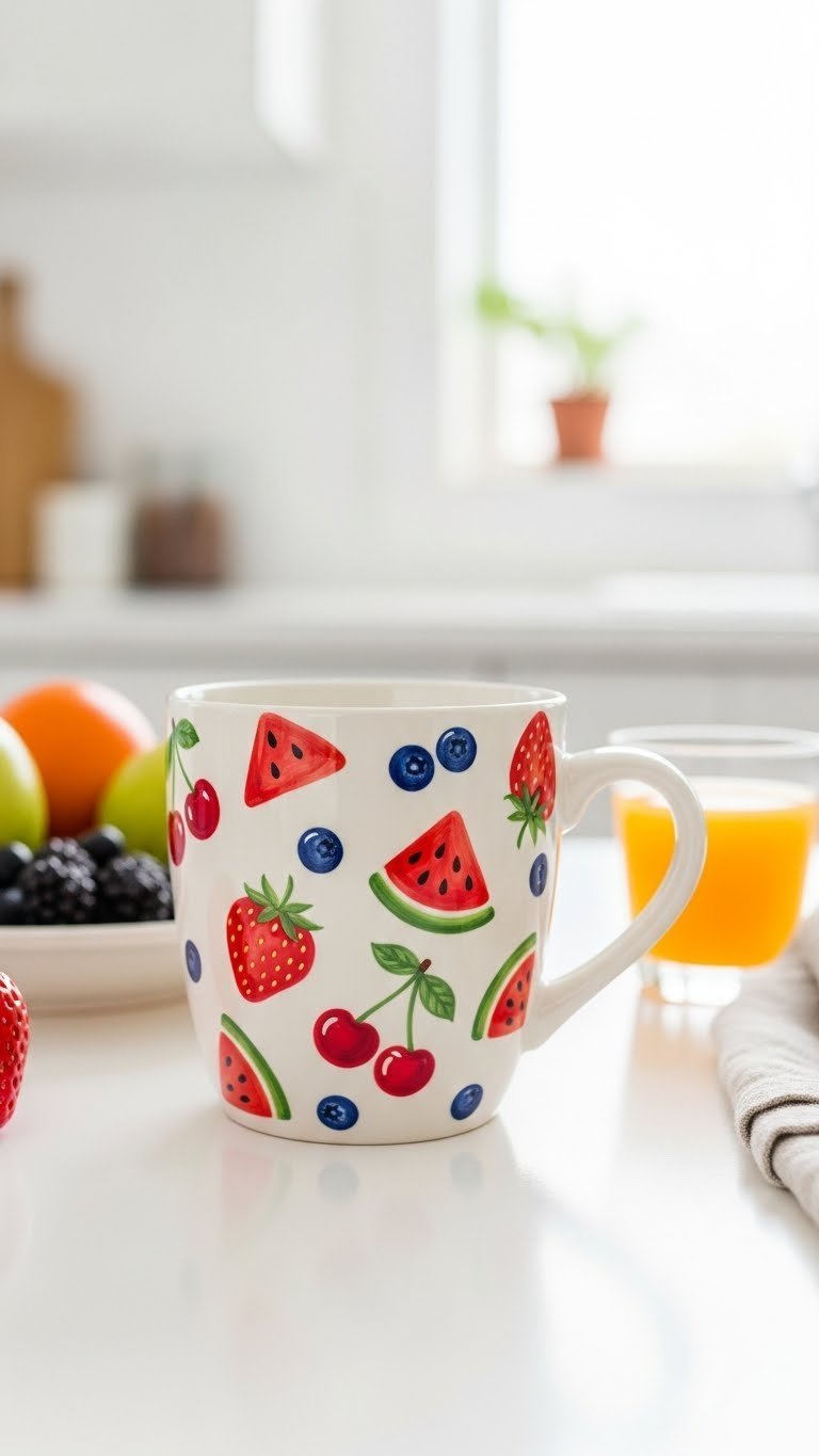 Painted mug with summer fruit medley design featuring strawberries, watermelon, and cherries on clean white table