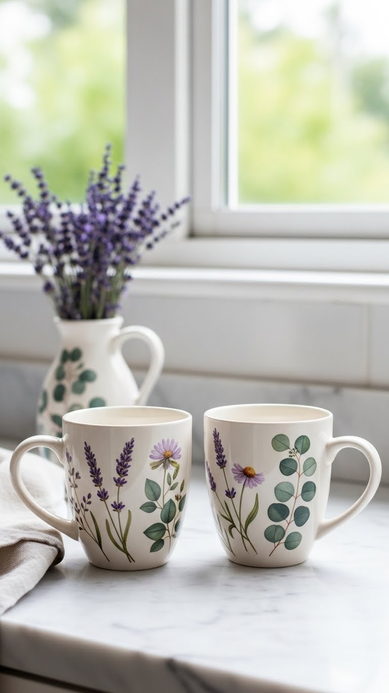 Pair of botanical floral ceramic mugs with lavender and eucalyptus designs on marble countertop near window with fresh lavender sprigs in soft natural light.