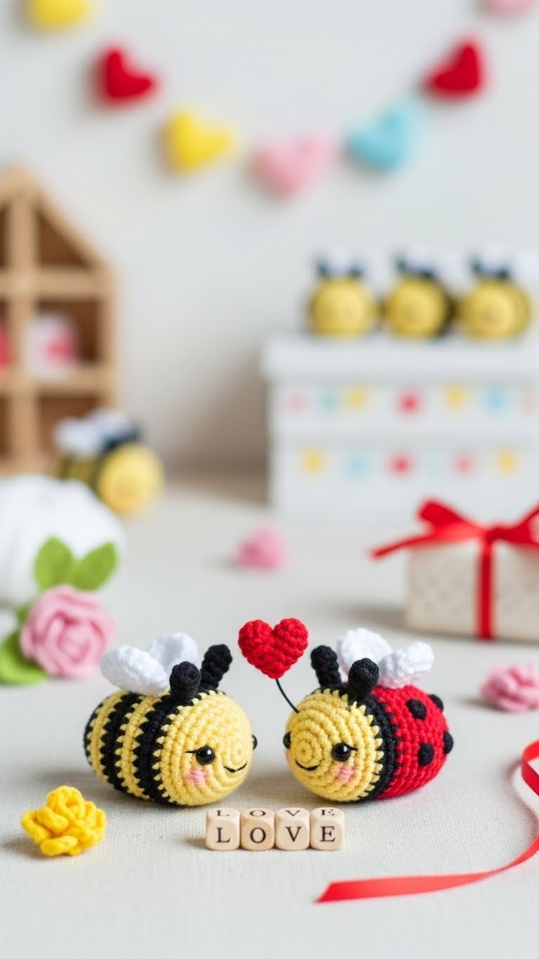 Pair of charming crochet amigurumi love bugs with intricate details and friendly expressions on light-colored fabric