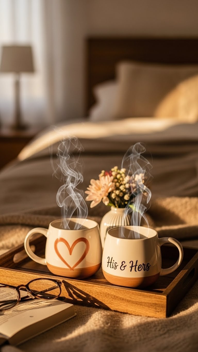 Pair of complementary hand-painted ceramic mugs on rustic wooden tray in warm golden hour light setting