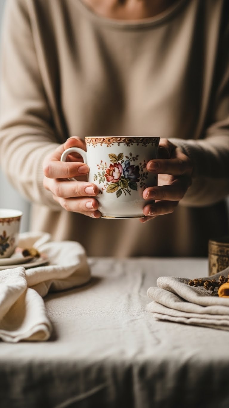 Pair of hands gently cradling fragile vintage hand painted porcelain mug with soft natural light emphasizing careful handling