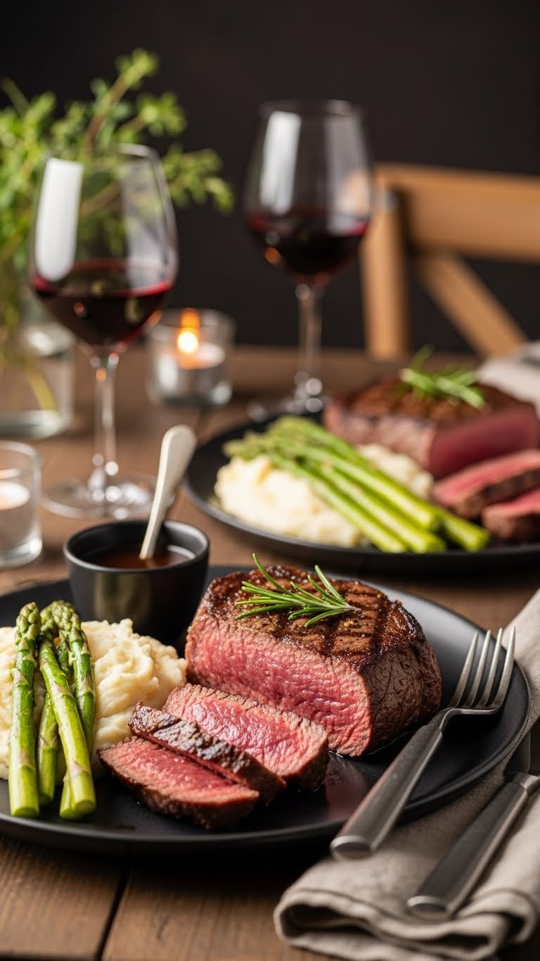 Pan-seared medium-rare steak sliced to reveal pink interior with mashed potatoes and asparagus on dark ceramic plate