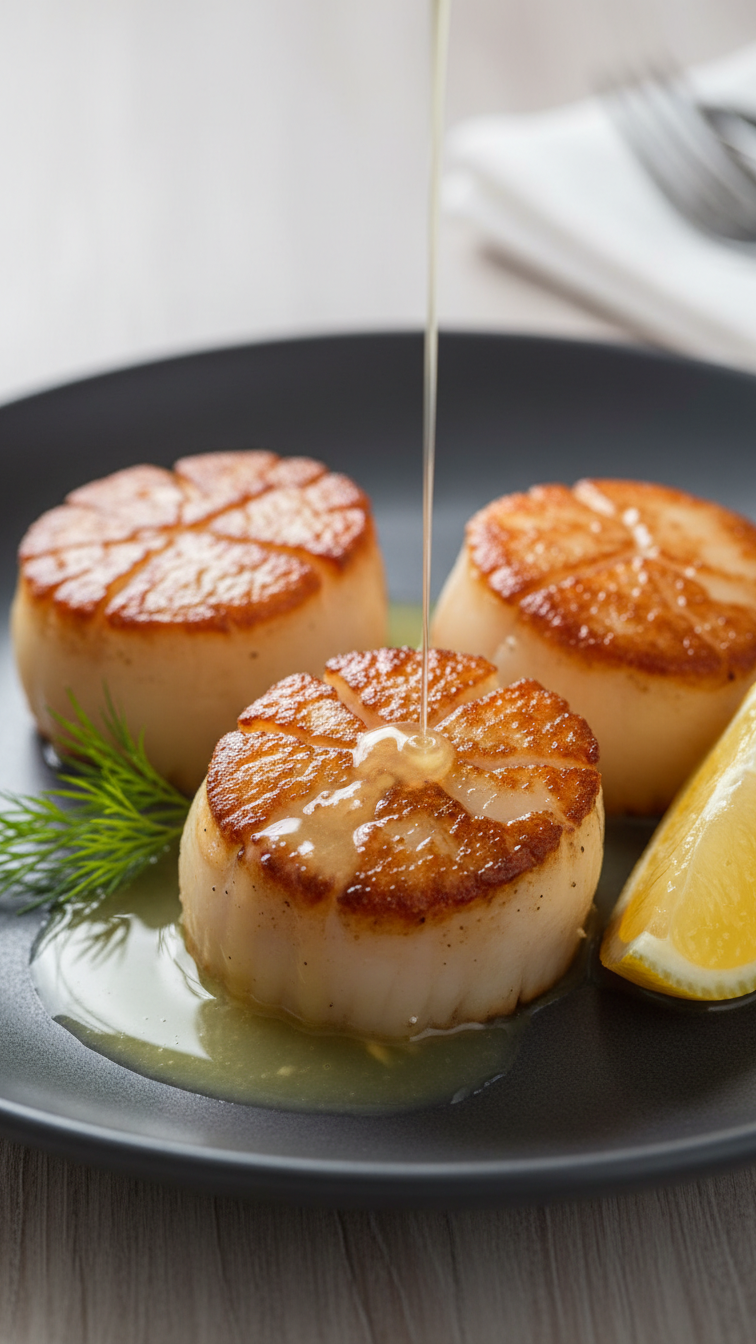 Pan-seared scallops with golden crust served with lemon butter sauce on a dark gray plate