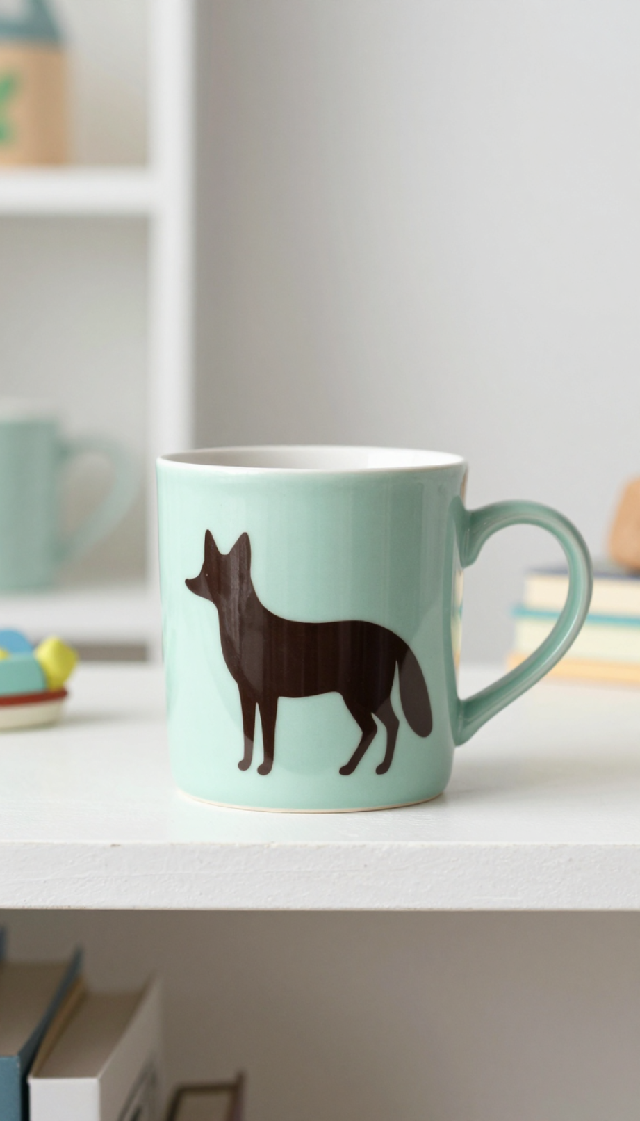 Pastel ceramic mug with whimsical animal silhouette in dark brown on white distressed wood