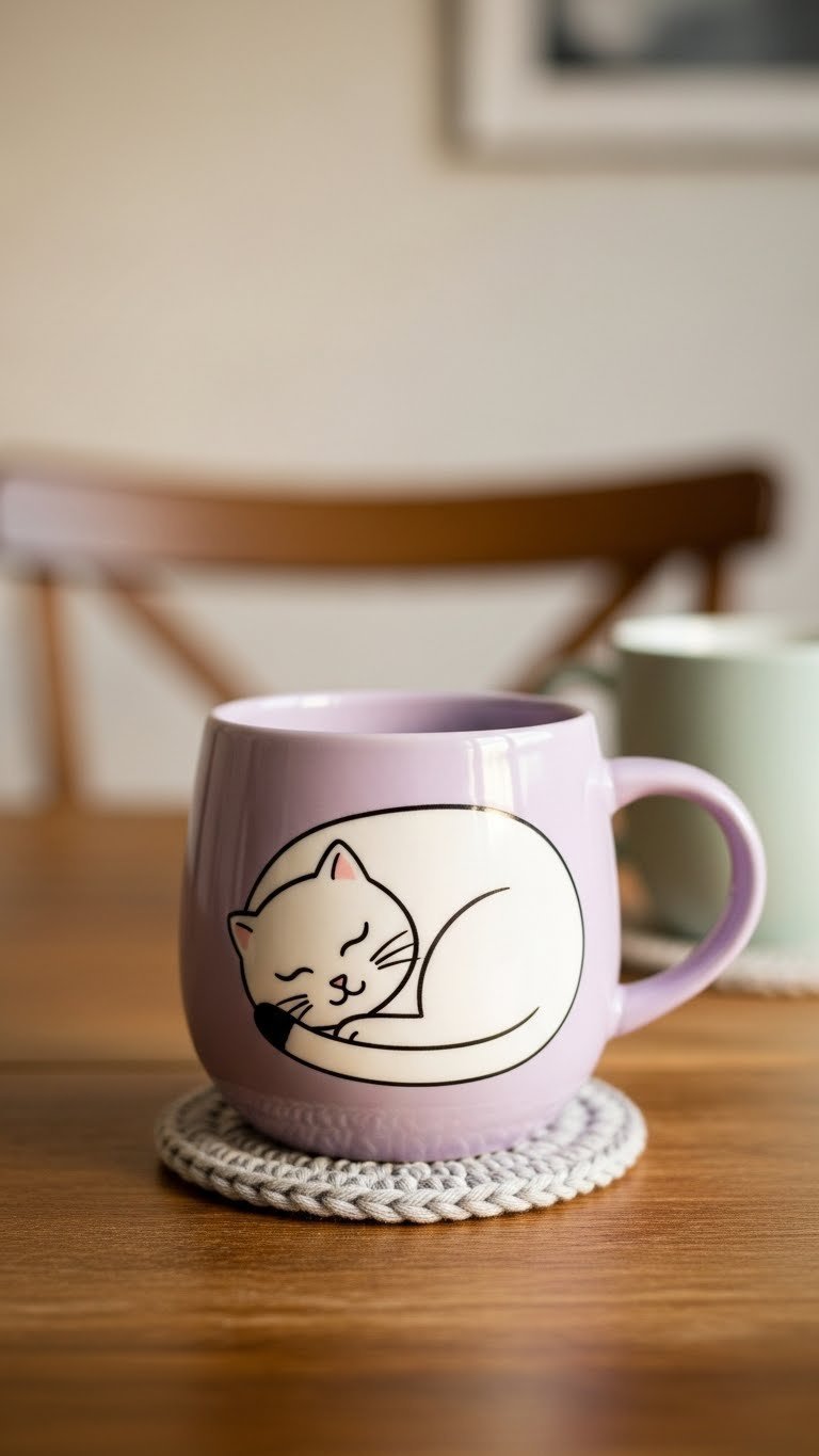 Pastel ceramic tea mug featuring serene sleeping cat pose in lavender and pale gray cozy design