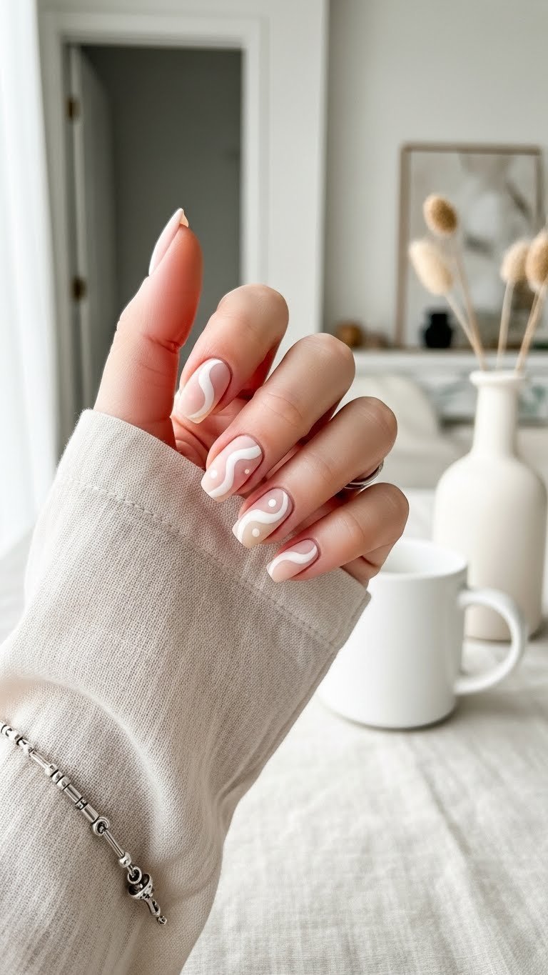 Pastel pink and cream yin yang nails with matte texture held gracefully against soft linen background