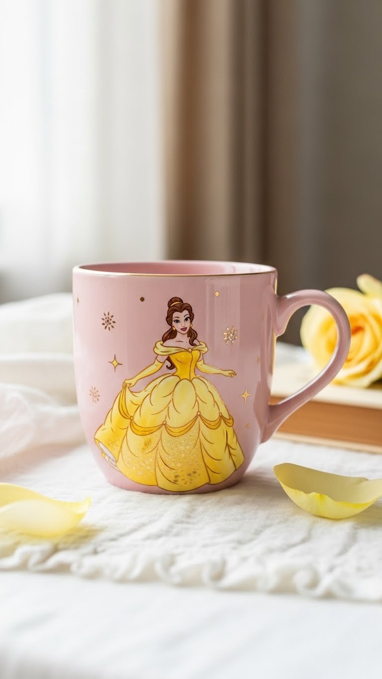 Pastel pink ceramic mug featuring glittering Belle gown design with gold accents on white linen tablecloth