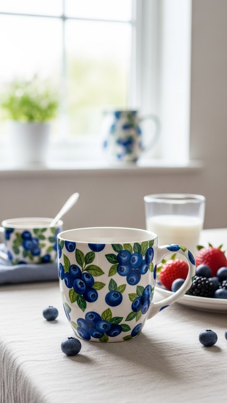 Patterned wrap-around blueberry painted mug with repeating design on linen tablecloth with breakfast plate