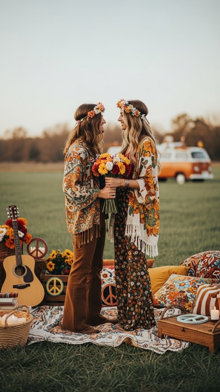 Peace and love themed 70s Valentine's photo shoot with couple in bohemian fashion surrounded by flower power props