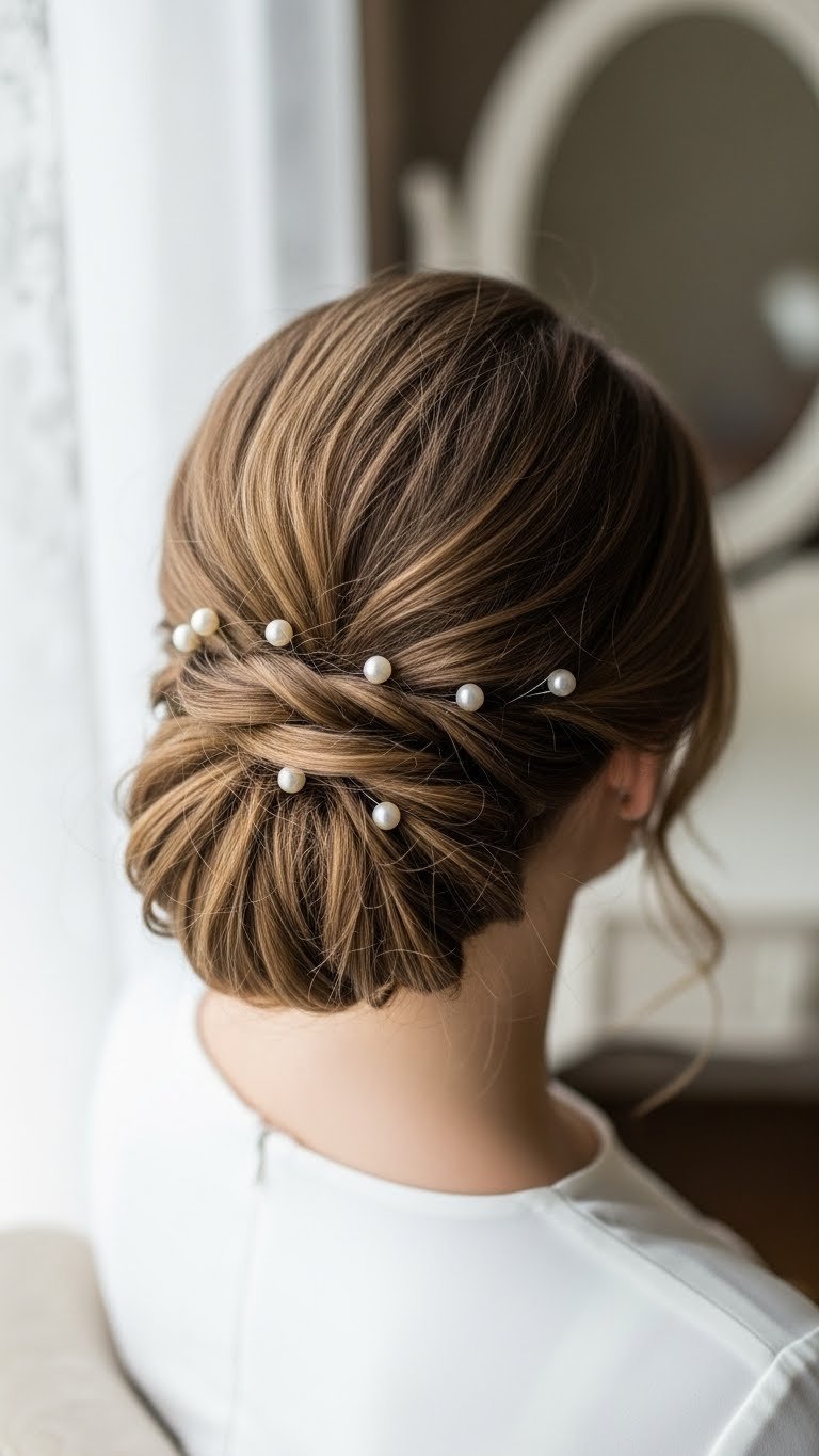 Pearl embellished updo hairstyle with scattered pearl pins creating sophisticated elegant bridal look