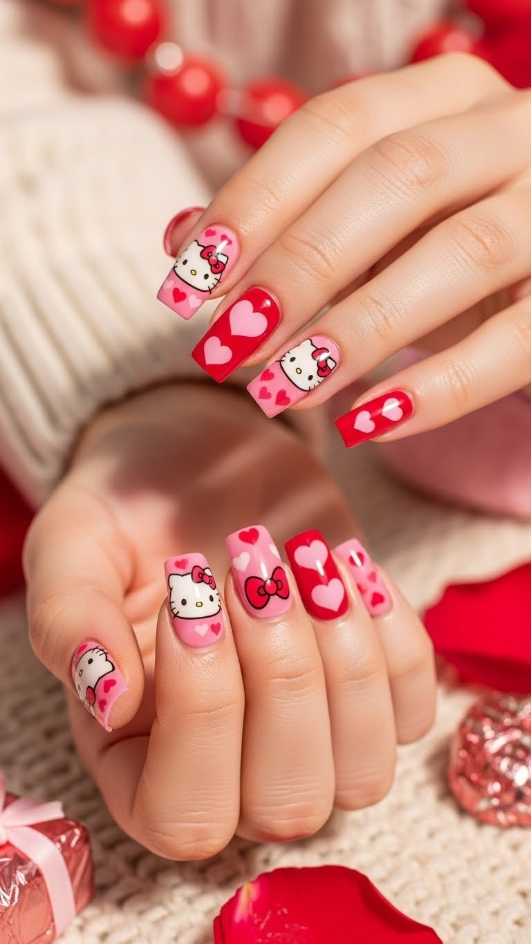 Perfectly applied press-on Hello Kitty Valentine nails with hearts and bows on square shapes in warm golden hour lighting.