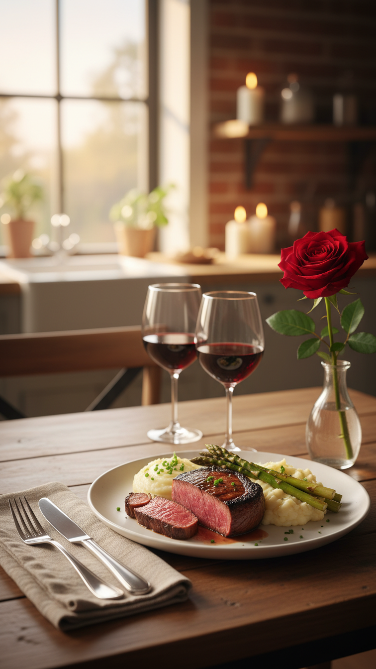 Perfectly cooked steak sliced to reveal pink center with mashed potatoes and asparagus on white plate for romantic dinner