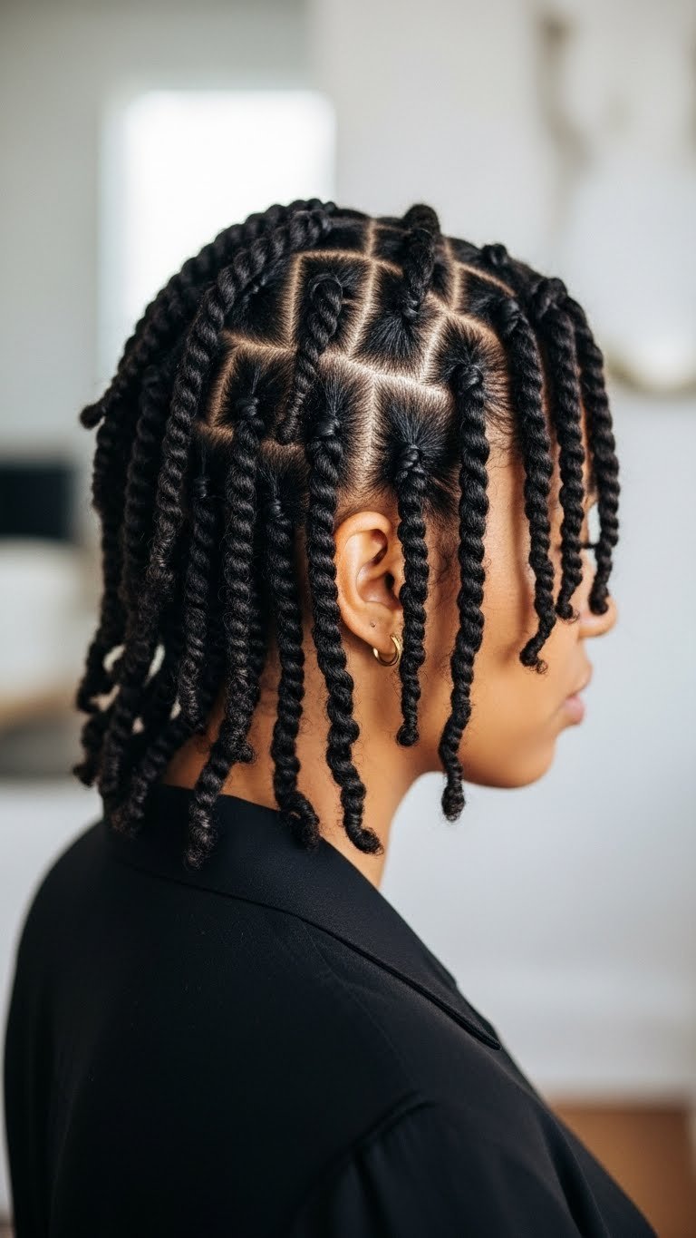 Perfectly executed two-strand twists on moisturized 4C hair against bright minimalist background setting