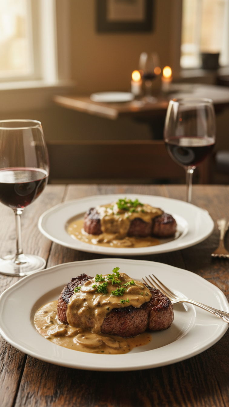 Perfectly seared filet mignon steaks with rich mushroom cognac sauce on elegant white plates, garnished with parsley