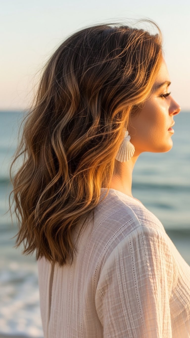 Perfectly textured beach waves hairstyle on shiny medium length sun-kissed hair against ocean background