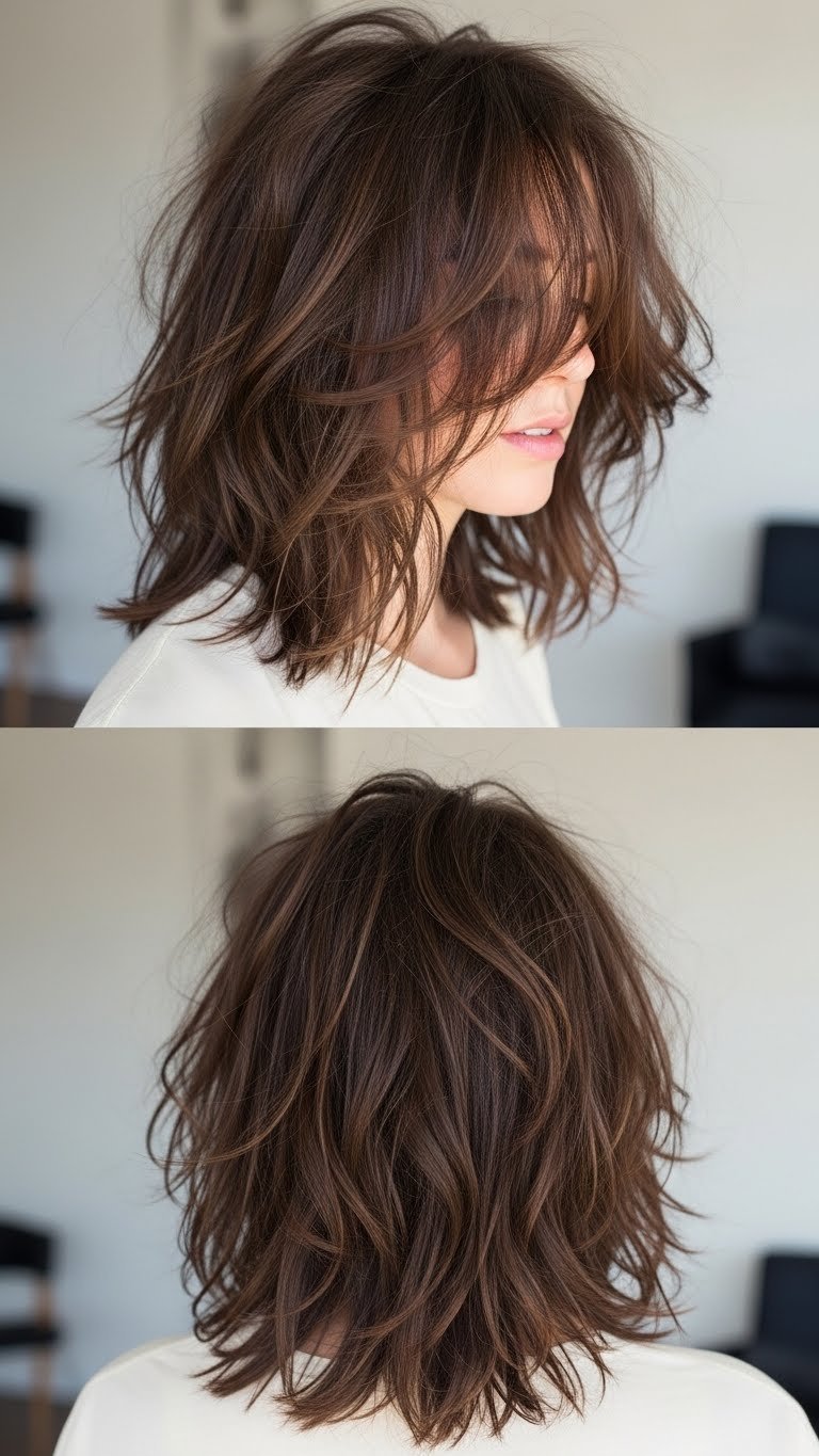 Perfectly undone messy lob hairstyle with choppy layers in minimalist room interior with clean lighting