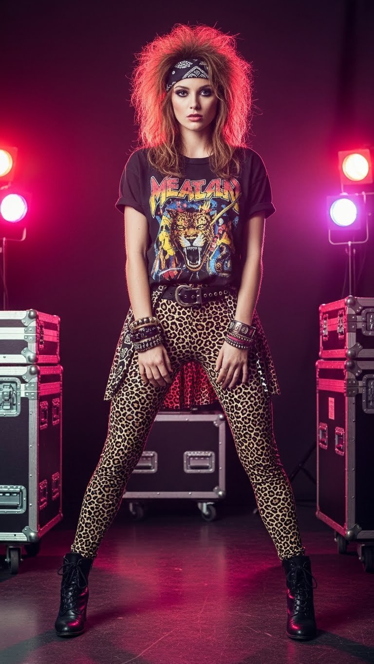 Person in 80s glam metal outfit with animal print leggings posing backstage with dramatic stage lighting