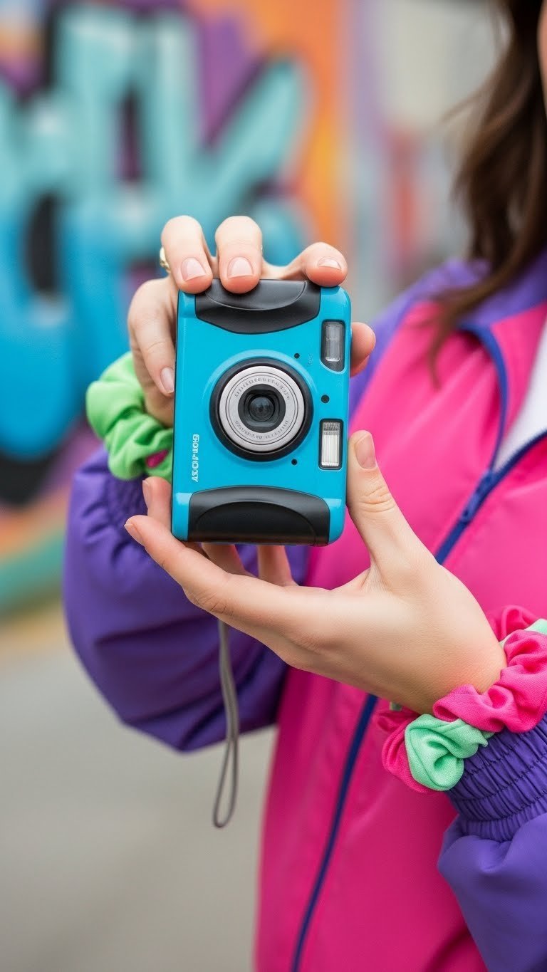 Person in Y2K fashion holding brightly colored early 2000s digital camera against vibrant street art background