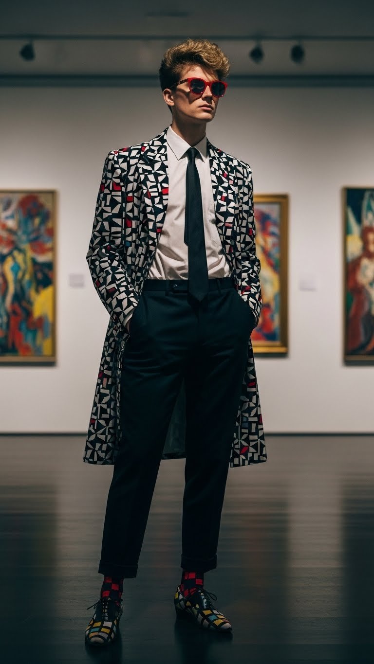 Person in artistic 80s New Wave outfit with asymmetrical haircut observing abstract art in gallery