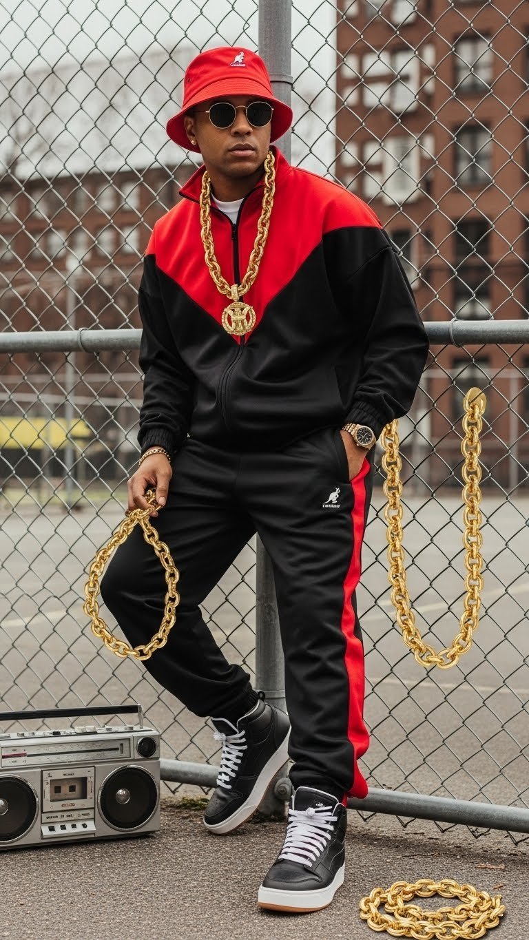 Person in bold 80s hip-hop tracksuit with gold chains posing against chain-link fence in urban setting