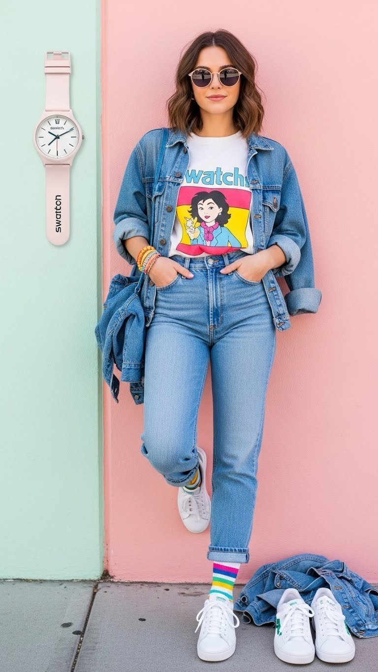 Person in casual 80s mall-goer outfit with high-waisted jeans and graphic tee against pastel wall