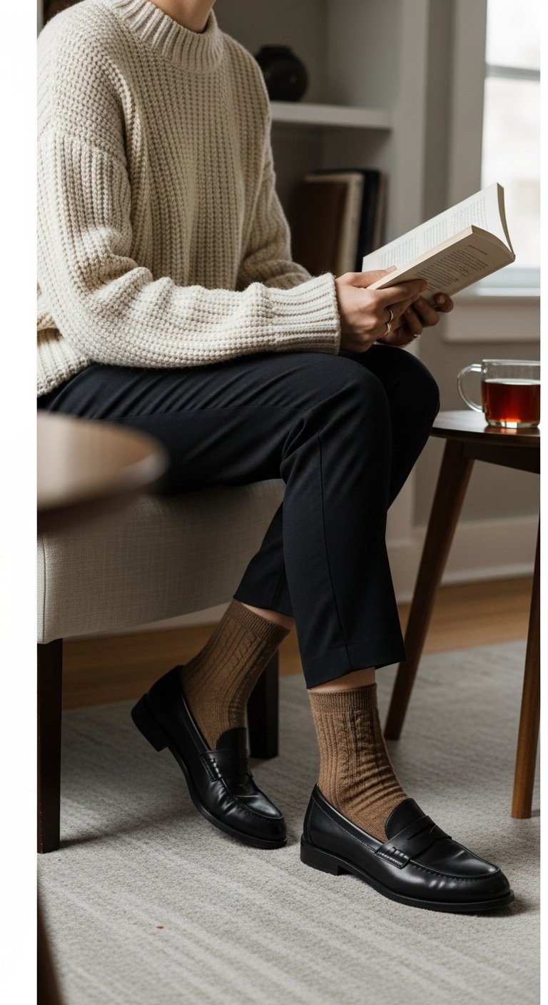 Person in chunky cream knit sweater and dark trousers sitting in cozy armchair with bookshelf background