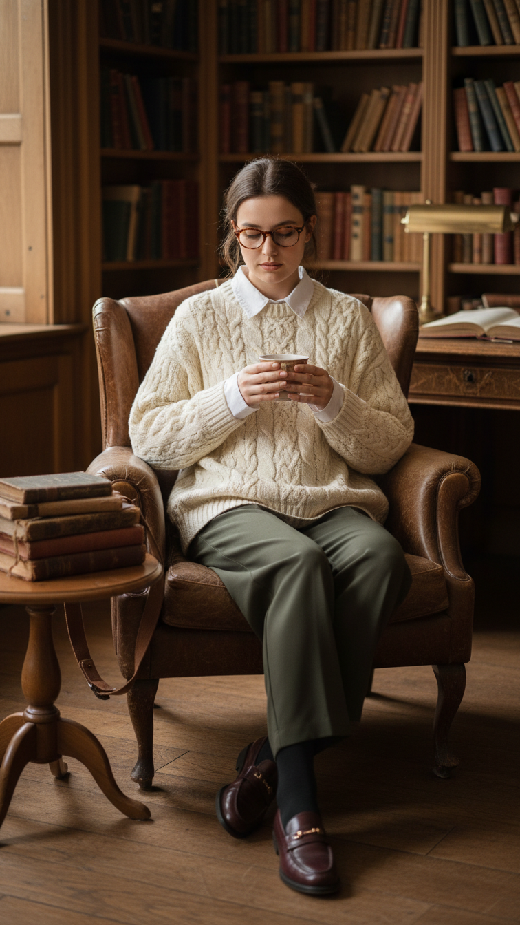 Person in cozy academia aesthetic wearing oversized cable-knit sweater in library setting with bookshelves