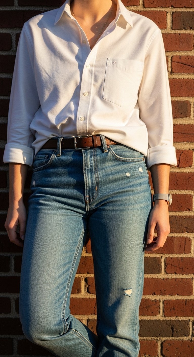 Person in crisp white button-up shirt and blue jeans leaning against sun-drenched brick wall with leather belt
