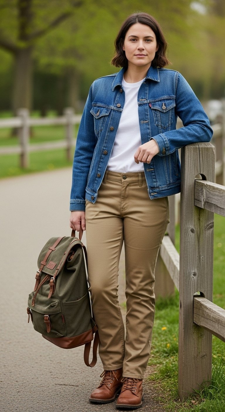 Person in denim jacket and khaki chino pants leaning against wooden fence in natural park setting