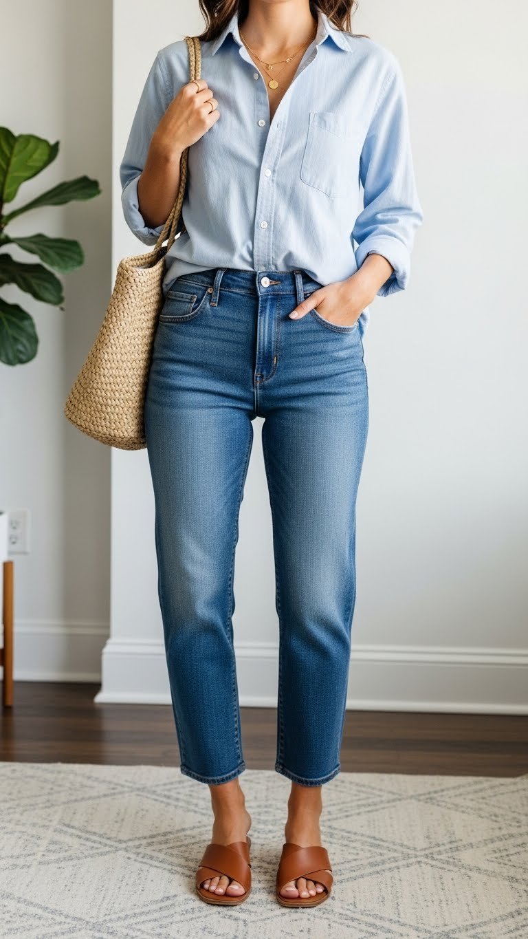 Person in mid-wash straight-leg jorts with unbuttoned cotton shirt in minimalist room interior with leather slide sandals