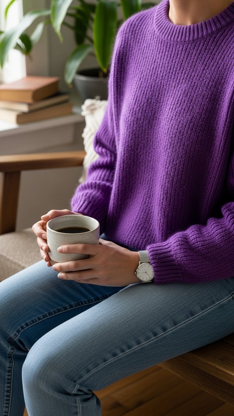 Person relaxing in cozy violet purple sweater with chunky knit texture, holding coffee mug in home setting