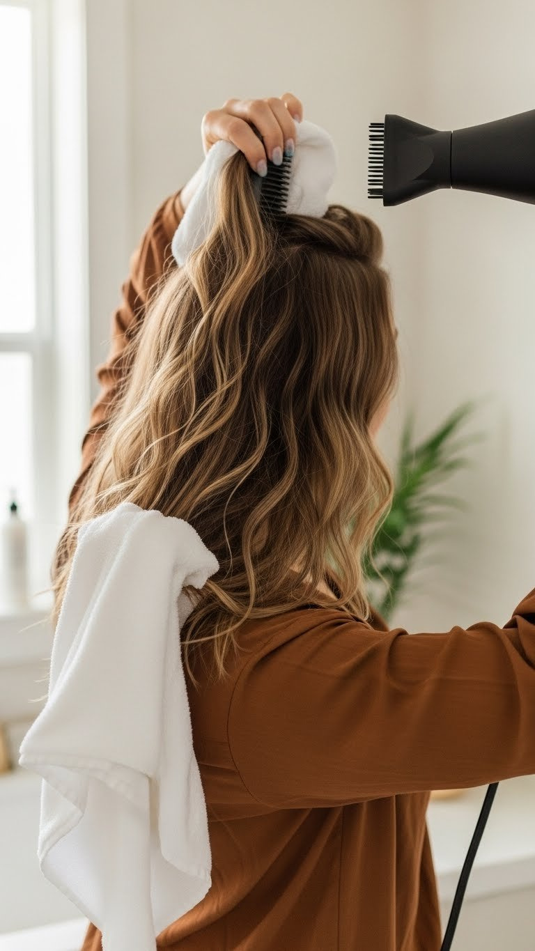 Person scrunching thick wavy hair with microfibre towel for air drying technique in bright bathroom setting.