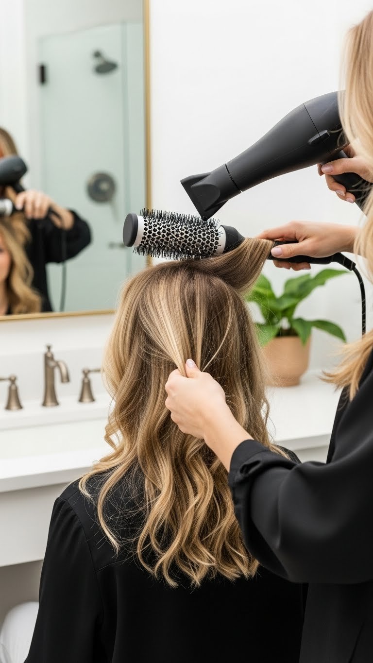 Person styling layered hair with round brush and blow dryer creating volume in bathroom vanity setting