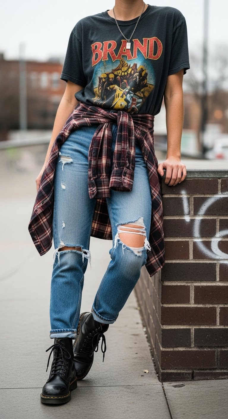 Person wearing 90s grunge outfit with vintage band t-shirt and distressed mom jeans in urban alleyway setting
