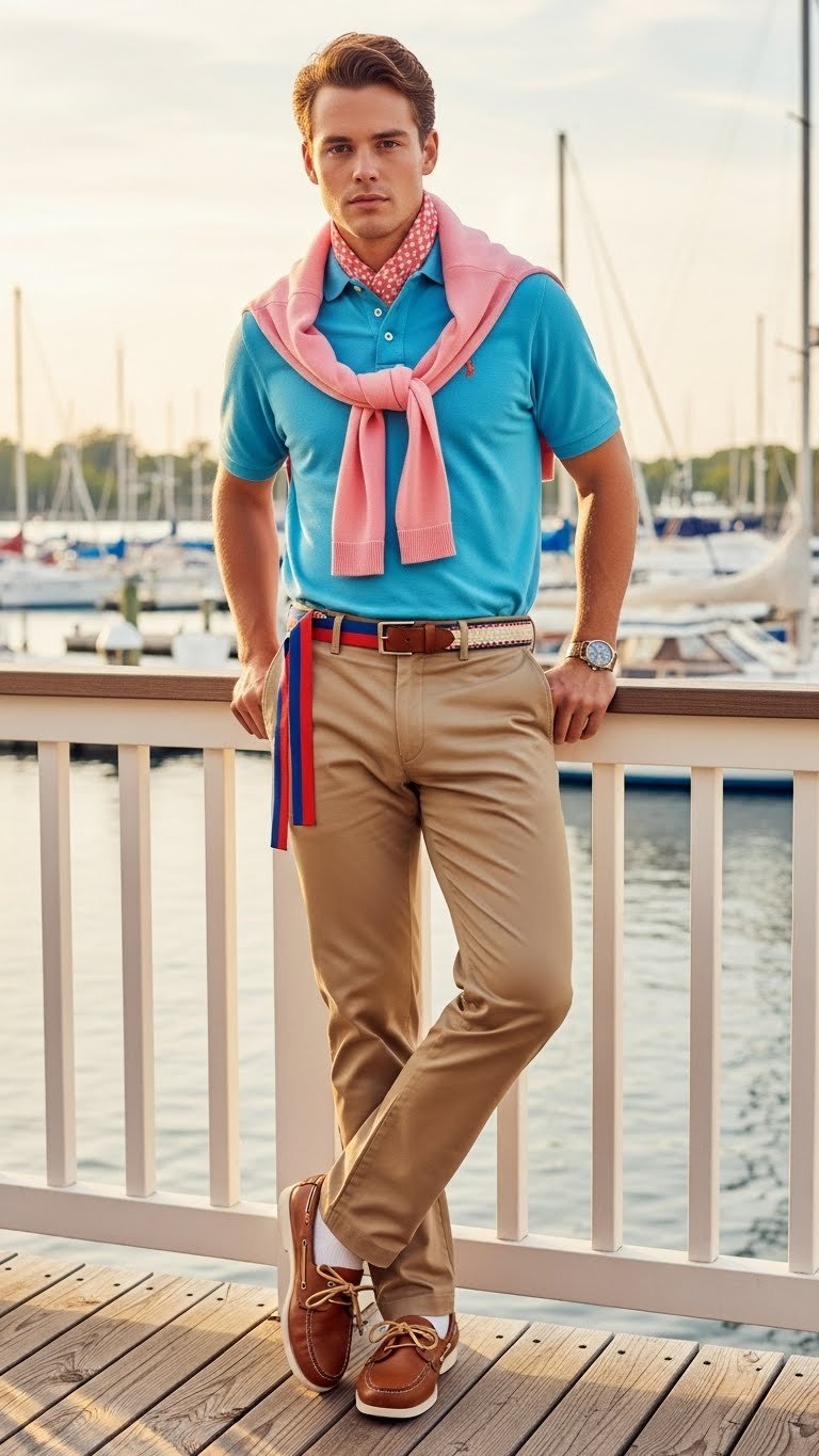 Person wearing classic 80s preppy outfit with popped collar polo shirt at marina during golden hour