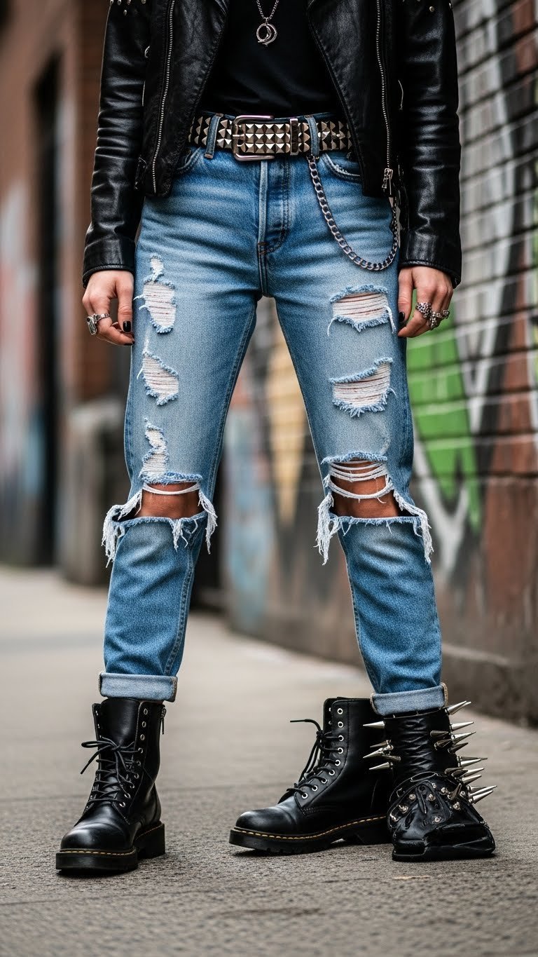Person wearing classic 80s punk rock outfit with distressed denim and leather against graffiti brick wall
