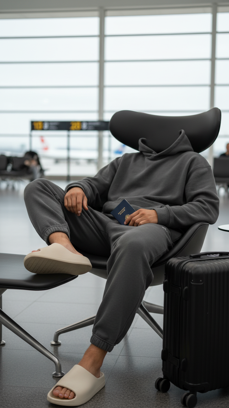 Person wearing comfortable travel outfit with Yeezy Slides sitting in modern airport terminal
