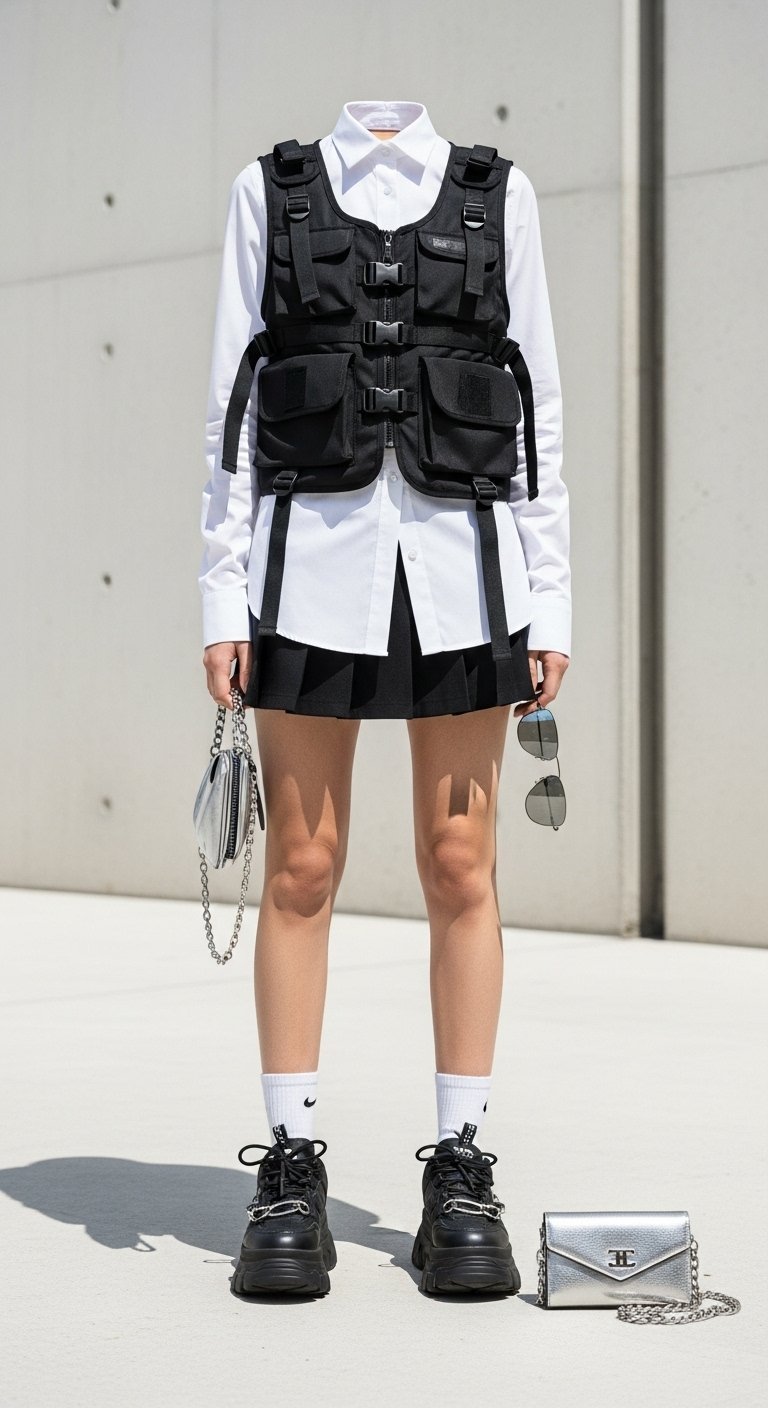 Person wearing cyber-prep outfit with techwear vest over tennis skirt against minimalist concrete background