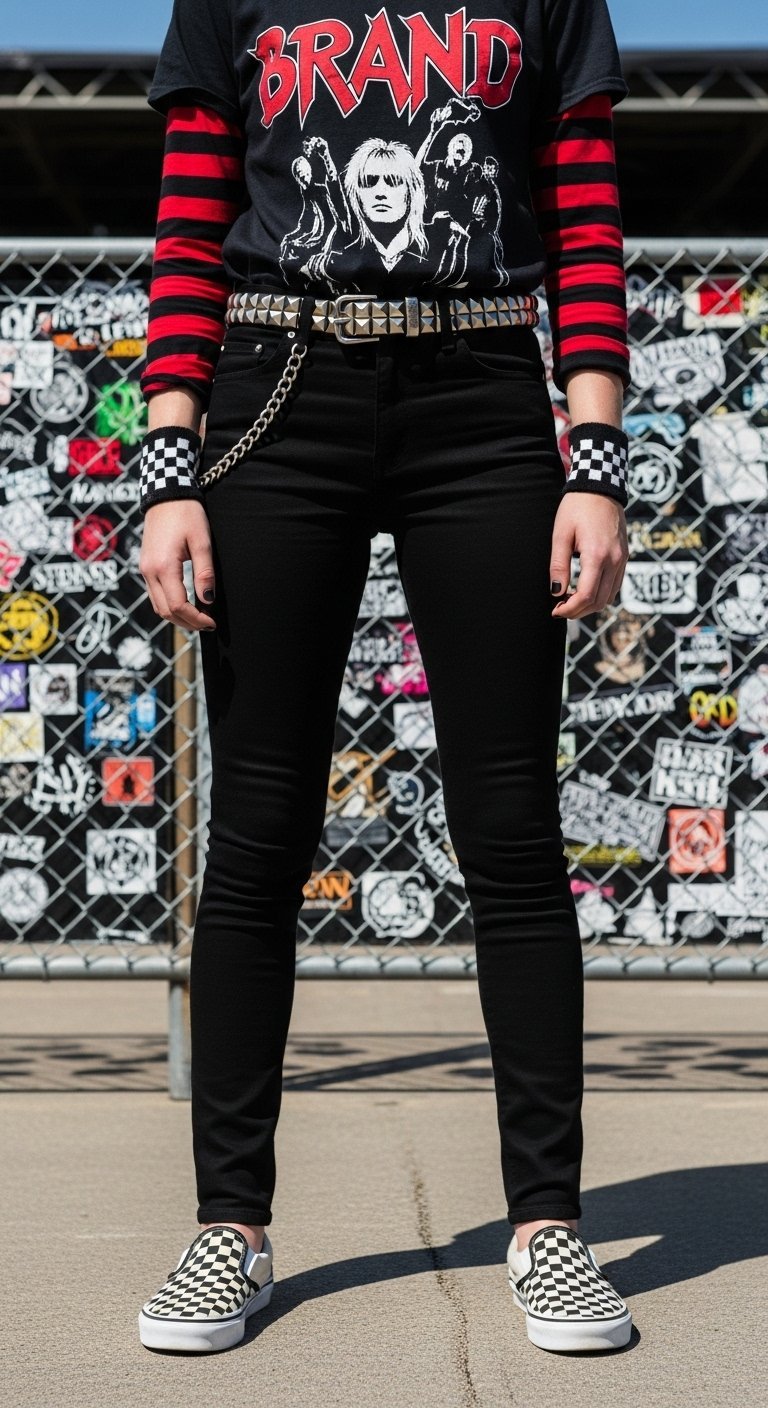 Person wearing energetic pop-punk outfit with striped shirt and studded belt against concert venue backdrop