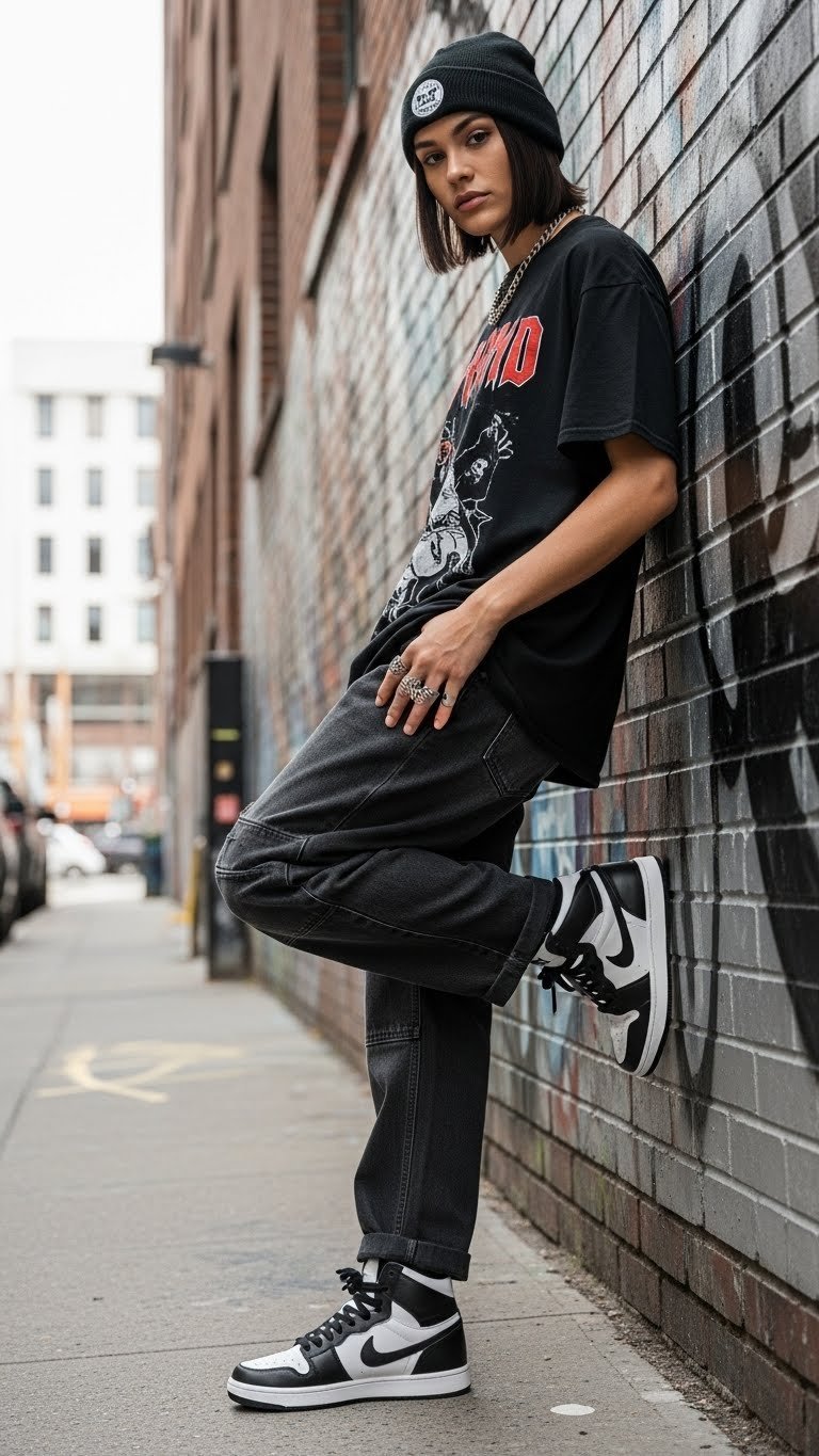 Person wearing faded black distressed jorts with vintage band t-shirt leaning against graffiti brick wall with high-top sneakers