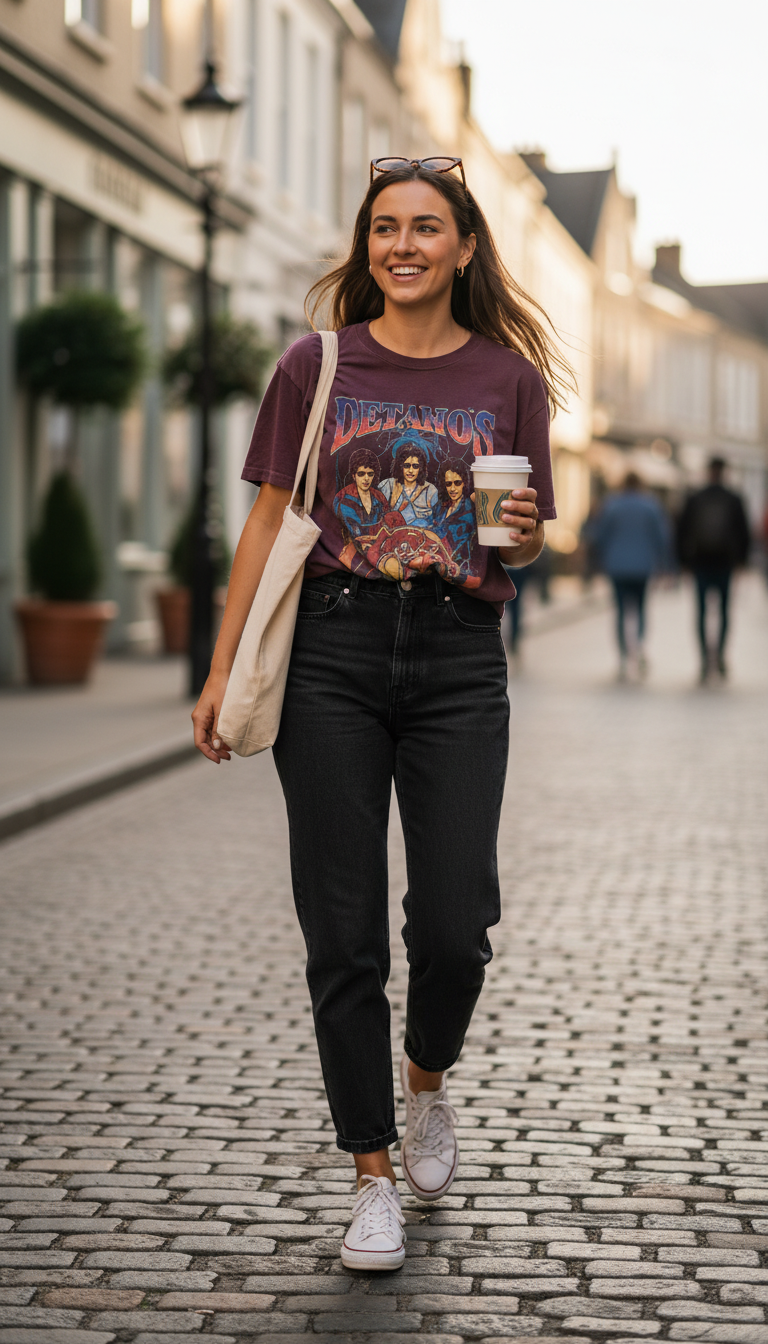 Person wearing faded black mom jeans with vintage band tee and white sneakers walking on sunny urban street