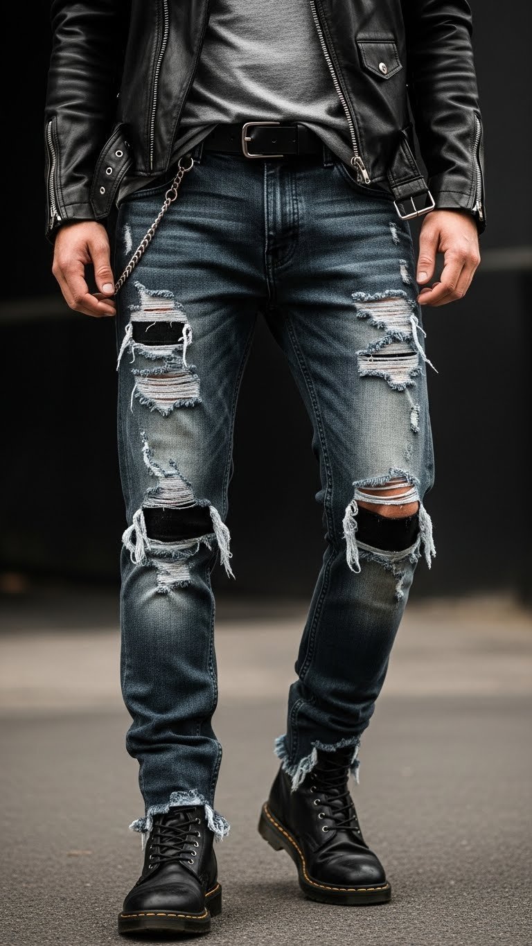 Person wearing heavily distressed jorts with gray t-shirt and black leather jacket in dim concert venue with combat boots