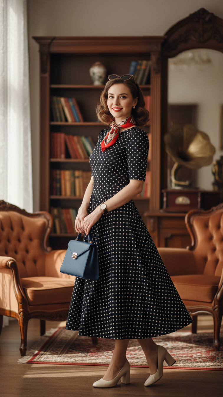 Person wearing vintage inspired polka dot midi dress in charming European street setting with retro ambiance