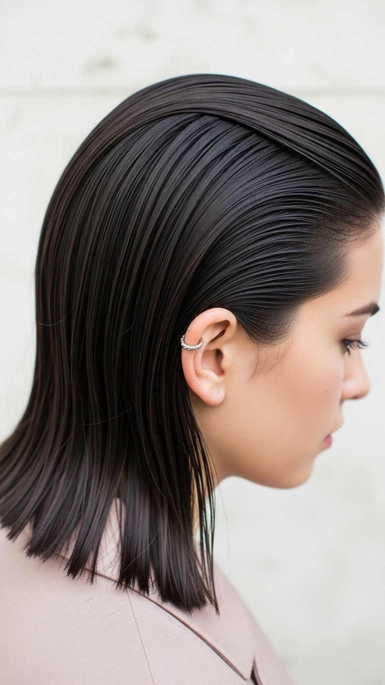 Person with dark hair showcasing precise middle part slick back hairstyle in close-up portrait