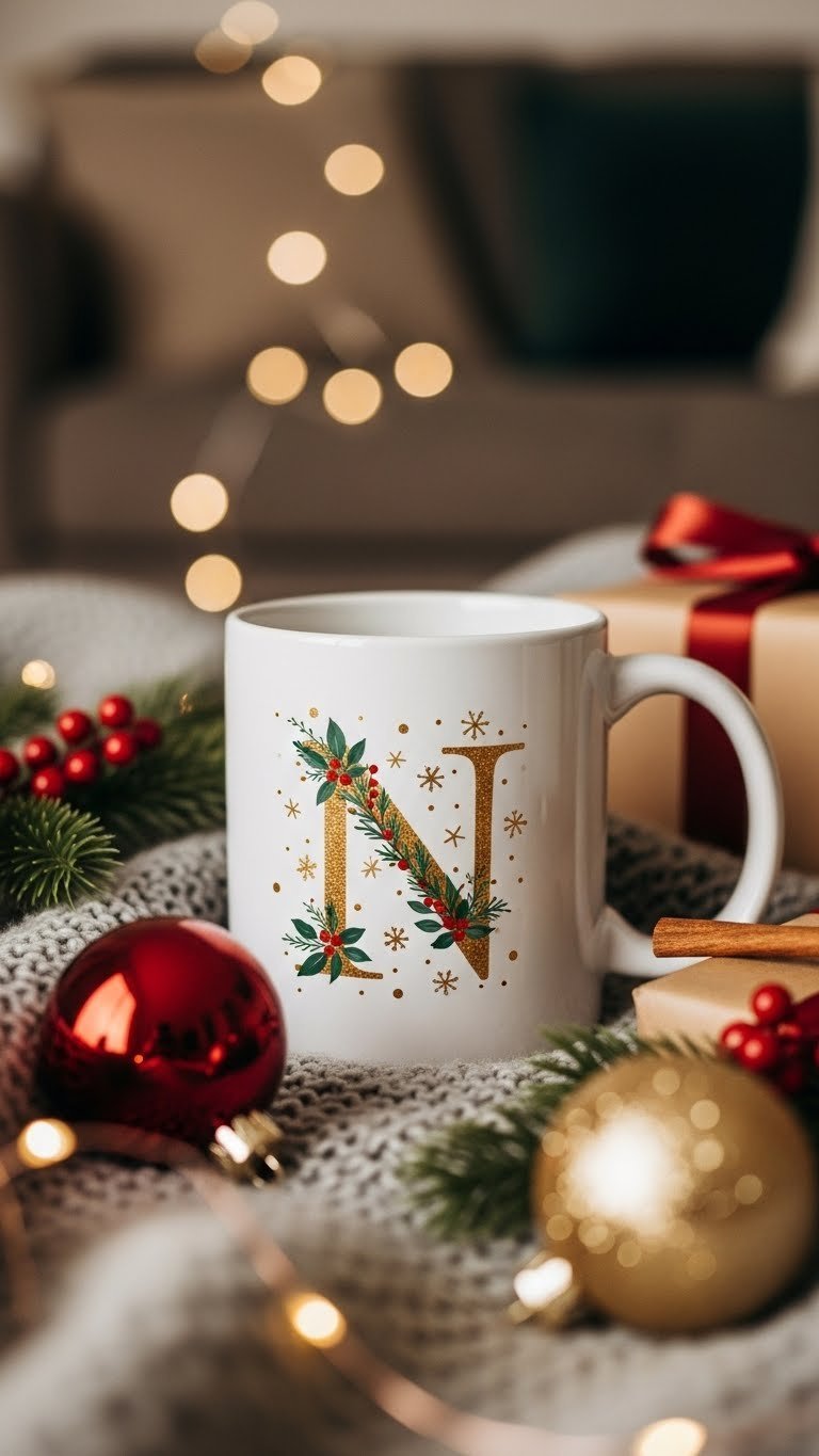 Personalized Christmas mug with gold initial, red holly berries and green leaves on cozy knitted blanket