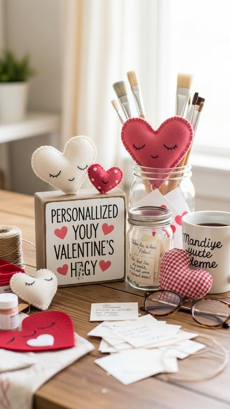 Personalized DIY Valentine's decor featuring handmade crafts on rustic wooden table arrangement