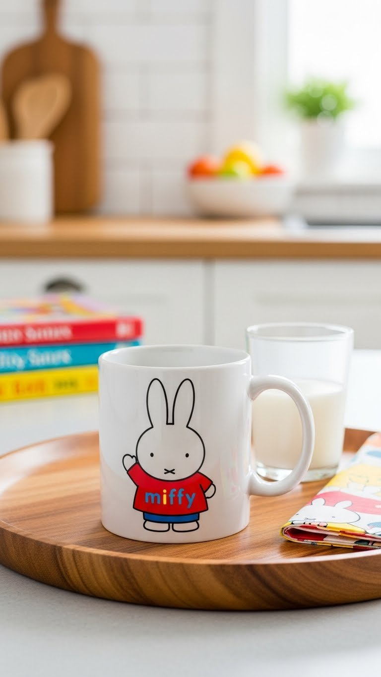 Personalized Miffy mug with child's name on wooden breakfast tray surrounded by colorful children's books and glass of milk