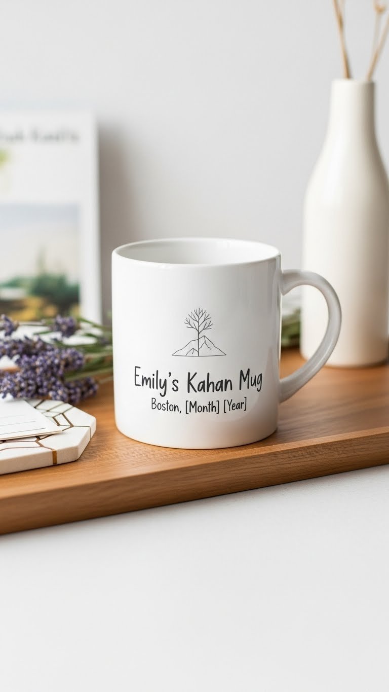 Personalized Noah Kahan-inspired ceramic mug with custom name and date painted in minimalist design on wooden tray with lavender sprig.